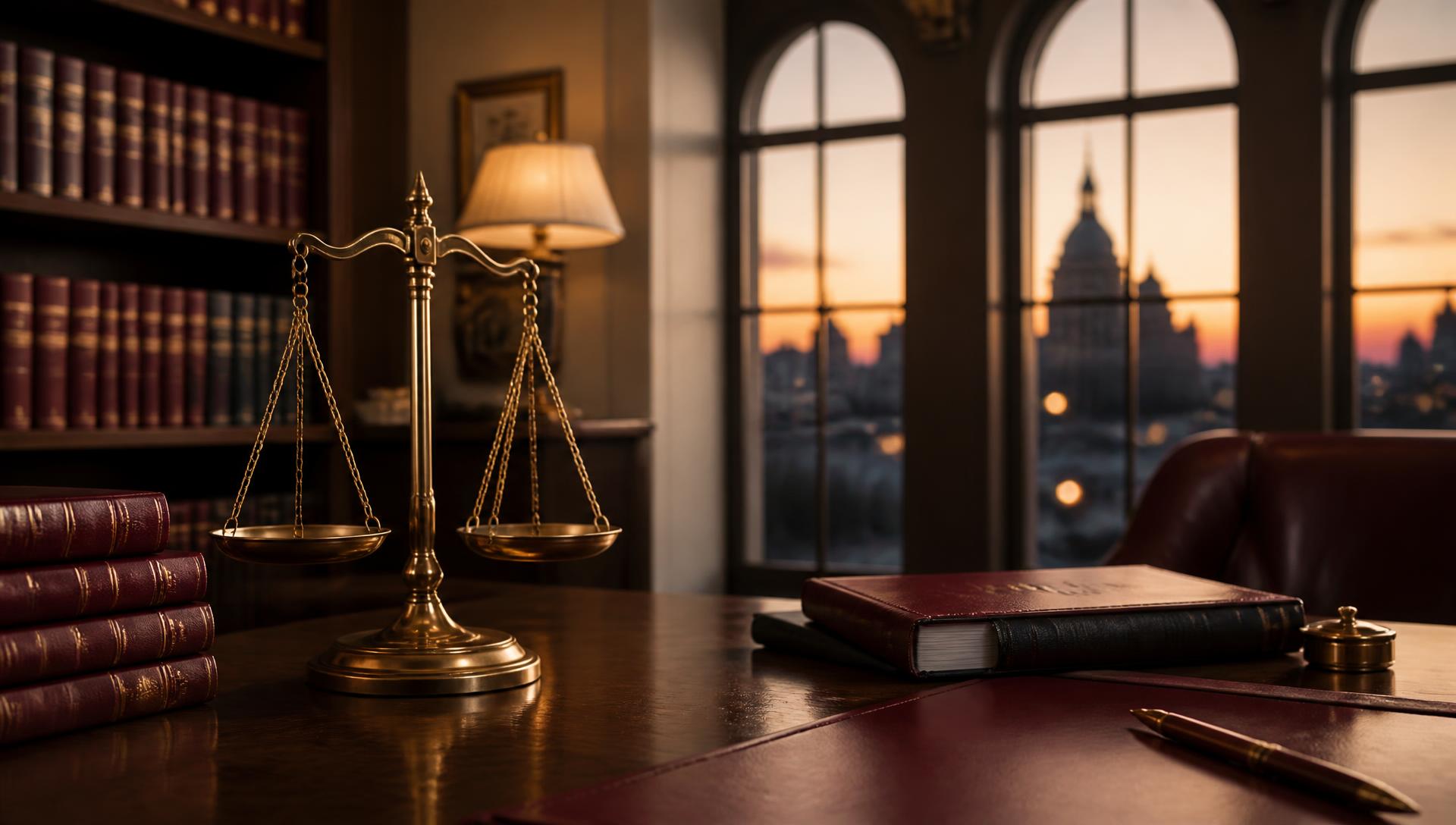 Balança da justiça em latão sobre uma secretária de advogado, com livros de Direito